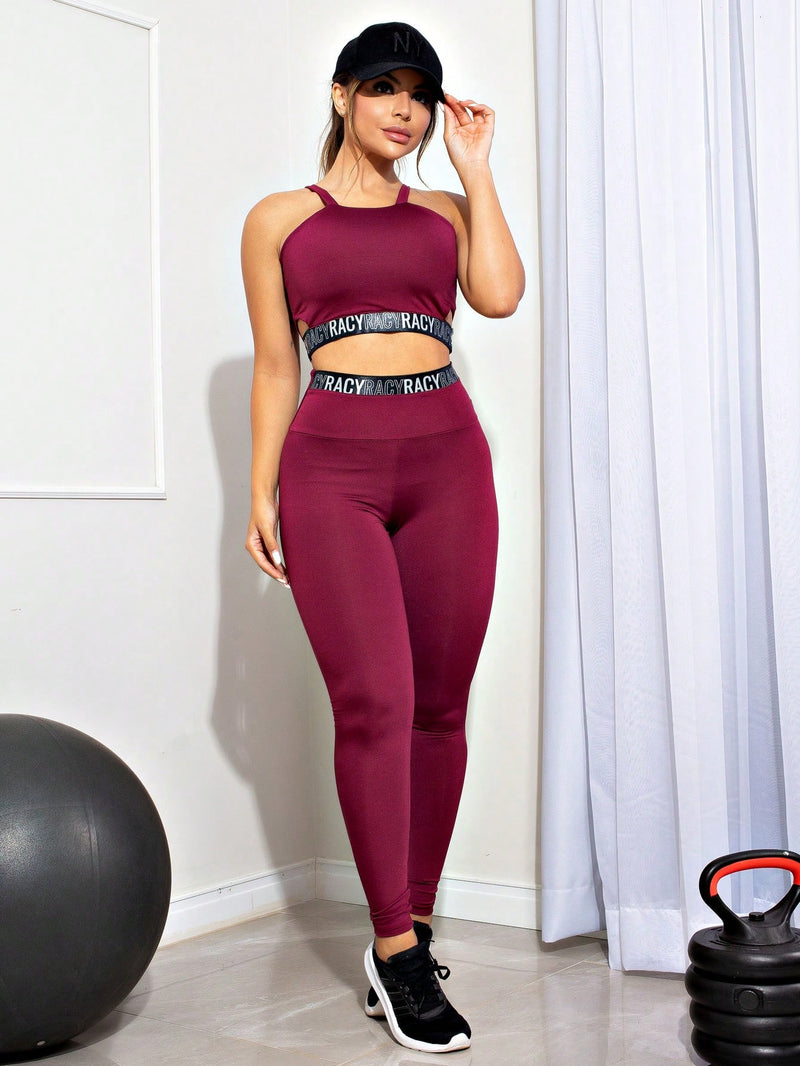 Conjunto Fitness Cropped Alcinha e Calça Legging Elástico Marsala + Frete Grátis 🚚