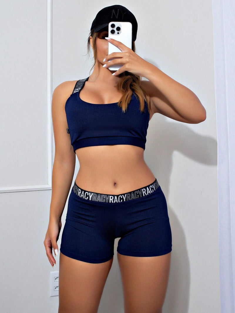 Conjunto Fitness Short + Cropped Elástico Racy Azul Marinho Ype Variedades