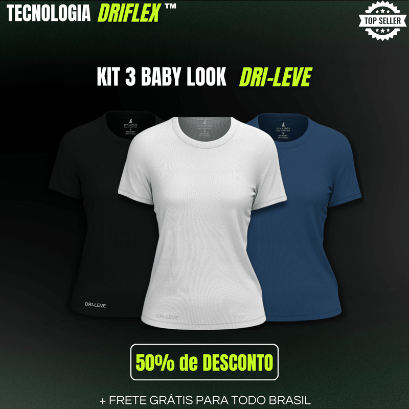 Kit 3 Baby Look Dri Leve Slim Feminina Anti Odor, Anti Suor e Proteção UV